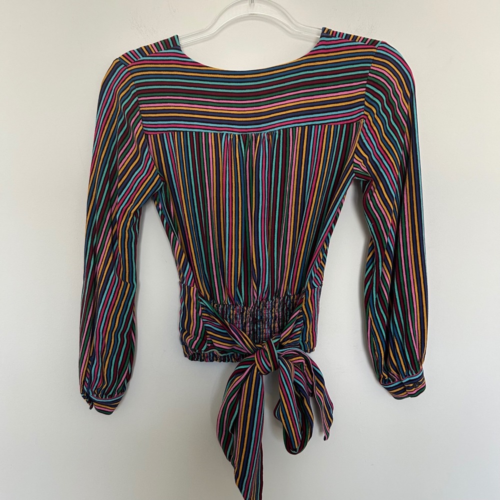 Maeve Anthropologie Striped Wrap Blouse Multicolor 0P Petite Smocked Tie Back - Picture 7 of 7